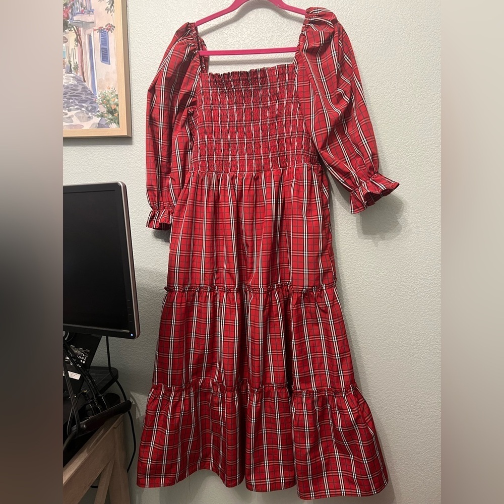 Festive Plaid Smocked Midi Dress with Puff Sleeves in Red - Picture 1 of 8